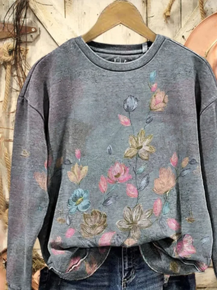 Women Floral Crew Neck Printing Casual Spring/Fall Long Sleeve Sweatshirt