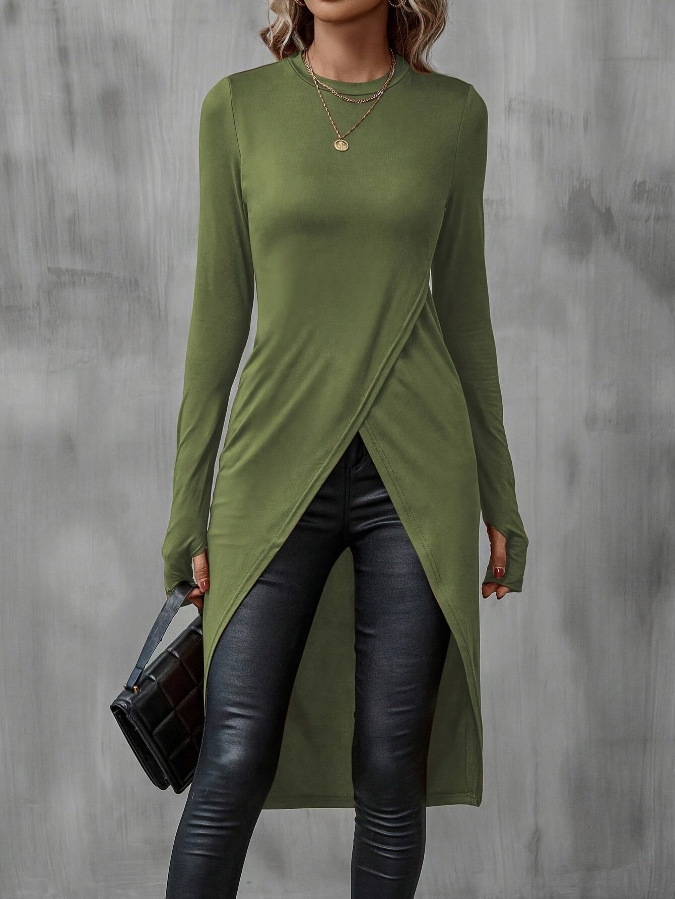 Women Plain Long Sleeve Tee T-shirt Crew Neck Split Joint Vintage Spring/Fall Top