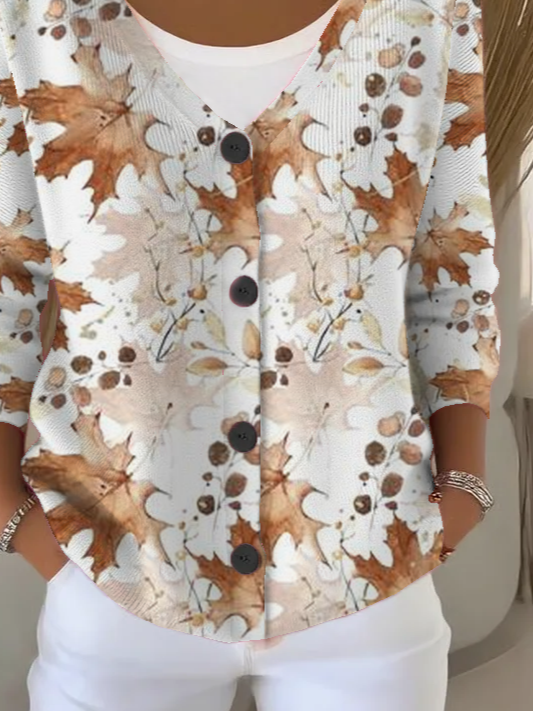 Women Maple Leaf Long Sleeve V Neck Casual Spring/Fall Cardigan Outerwear