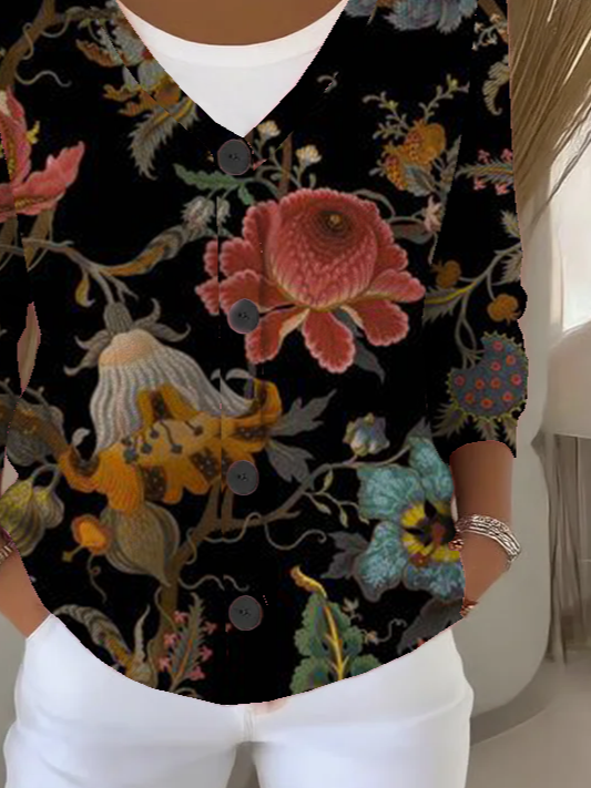 Women Floral Long Sleeve V Neck Casual Spring/Fall Cardigan Outerwear
