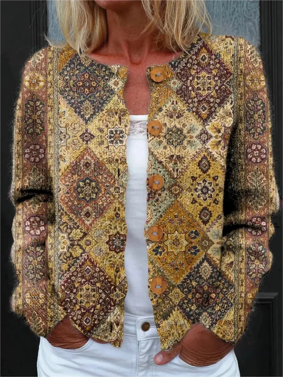 Women Geometric Vintage Spring/Fall Buttons Knitted Cardigan