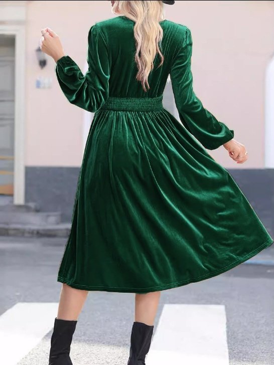 Women Plain Long Sleeve Spring/Fall Split Joint Dress V Neck Daily Vintage Maxi T-Shirt Dress A-Line Dress