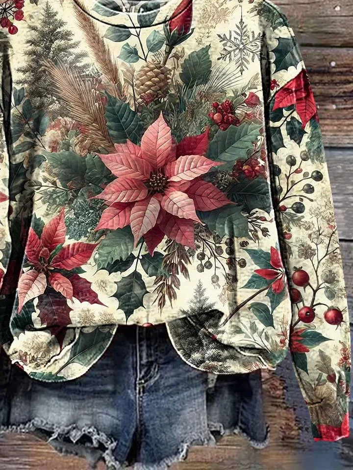 Women Floral Crew Neck Printing Casual Spring/Fall Long Sleeve Sweatshirt