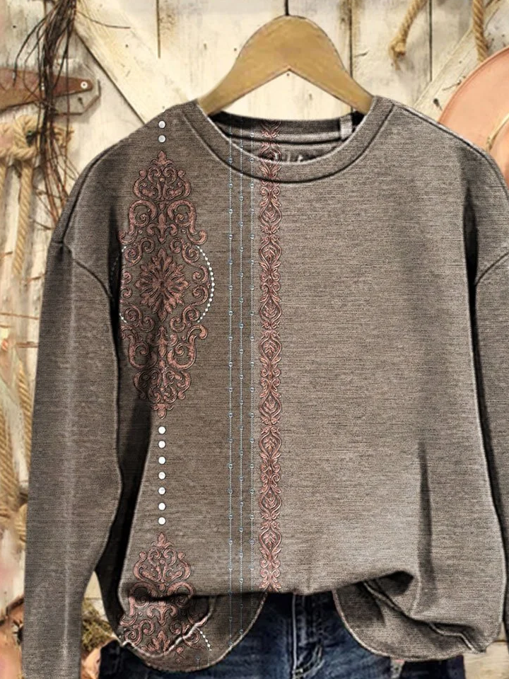 Women Ethnic Crew Neck Printing Casual Spring/Fall Long Sleeve Sweatshirt
