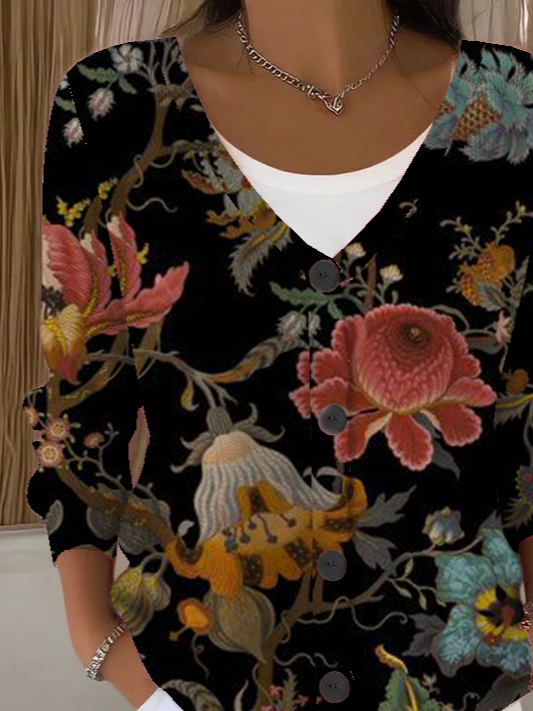 Women Floral Long Sleeve V Neck Casual Spring/Fall Cardigan Outerwear