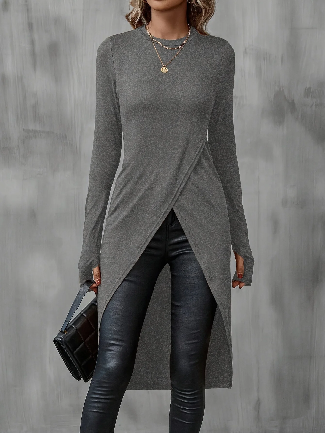 Women Plain Long Sleeve Tee T-shirt Crew Neck Split Joint Vintage Spring/Fall Top