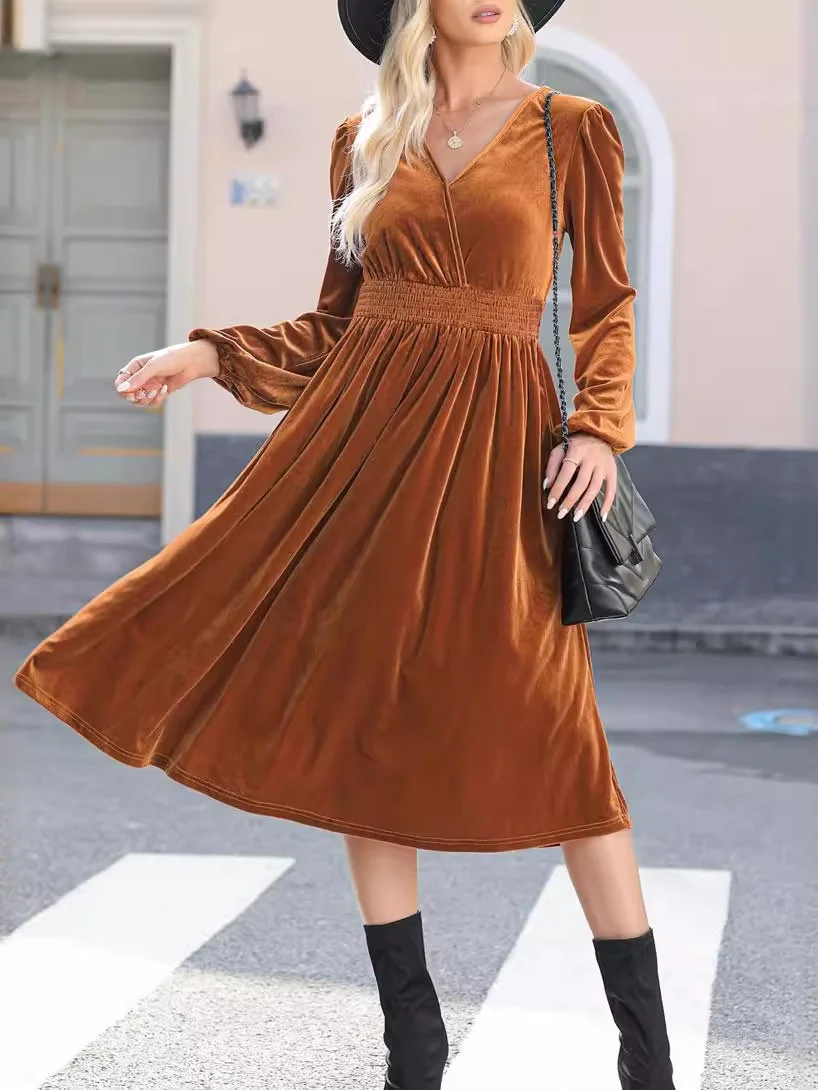 Women Plain Long Sleeve Spring/Fall Split Joint Dress V Neck Daily Vintage Maxi T-Shirt Dress A-Line Dress
