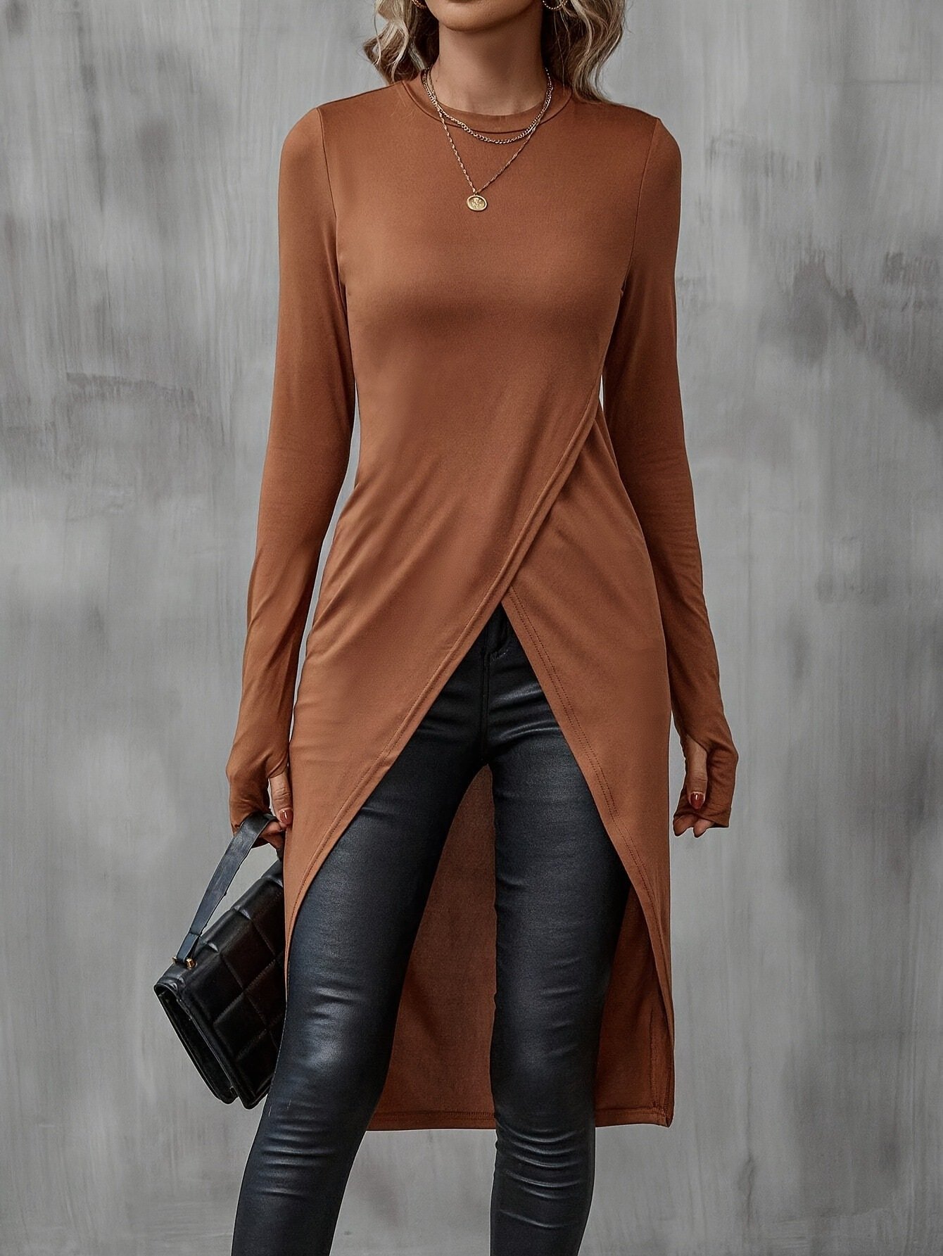 Women Plain Long Sleeve Tee T-shirt Crew Neck Split Joint Vintage Spring/Fall Top