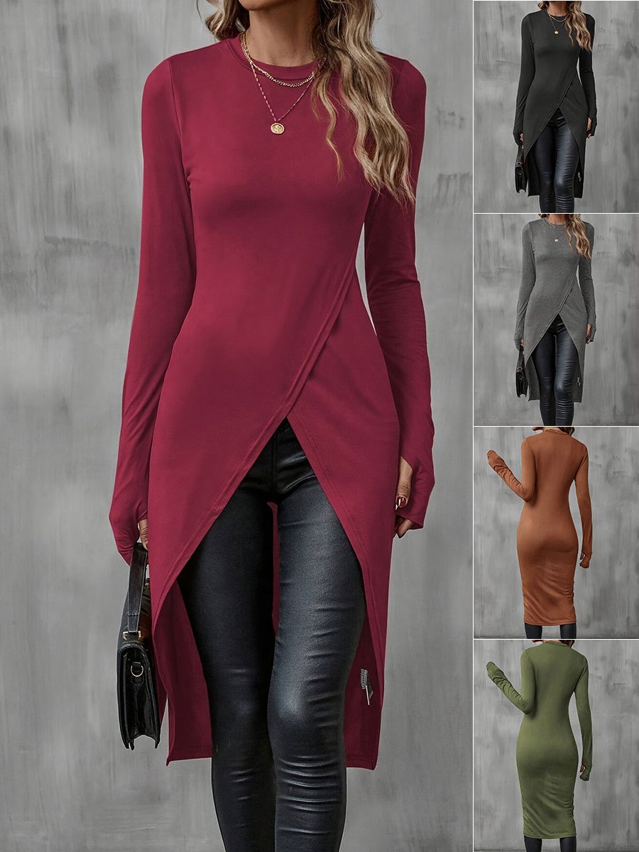 Women Plain Long Sleeve Tee T-shirt Crew Neck Split Joint Vintage Spring/Fall Top