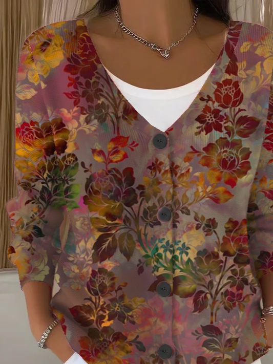 Women Floral Long Sleeve V Neck Casual Spring/Fall Cardigan Outerwear