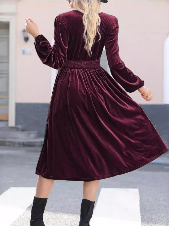 Women Plain Long Sleeve Spring/Fall Split Joint Dress V Neck Daily Vintage Maxi T-Shirt Dress A-Line Dress