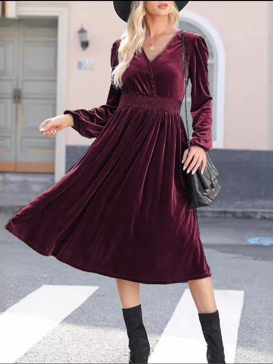 Women Plain Long Sleeve Spring/Fall Split Joint Dress V Neck Daily Vintage Maxi T-Shirt Dress A-Line Dress