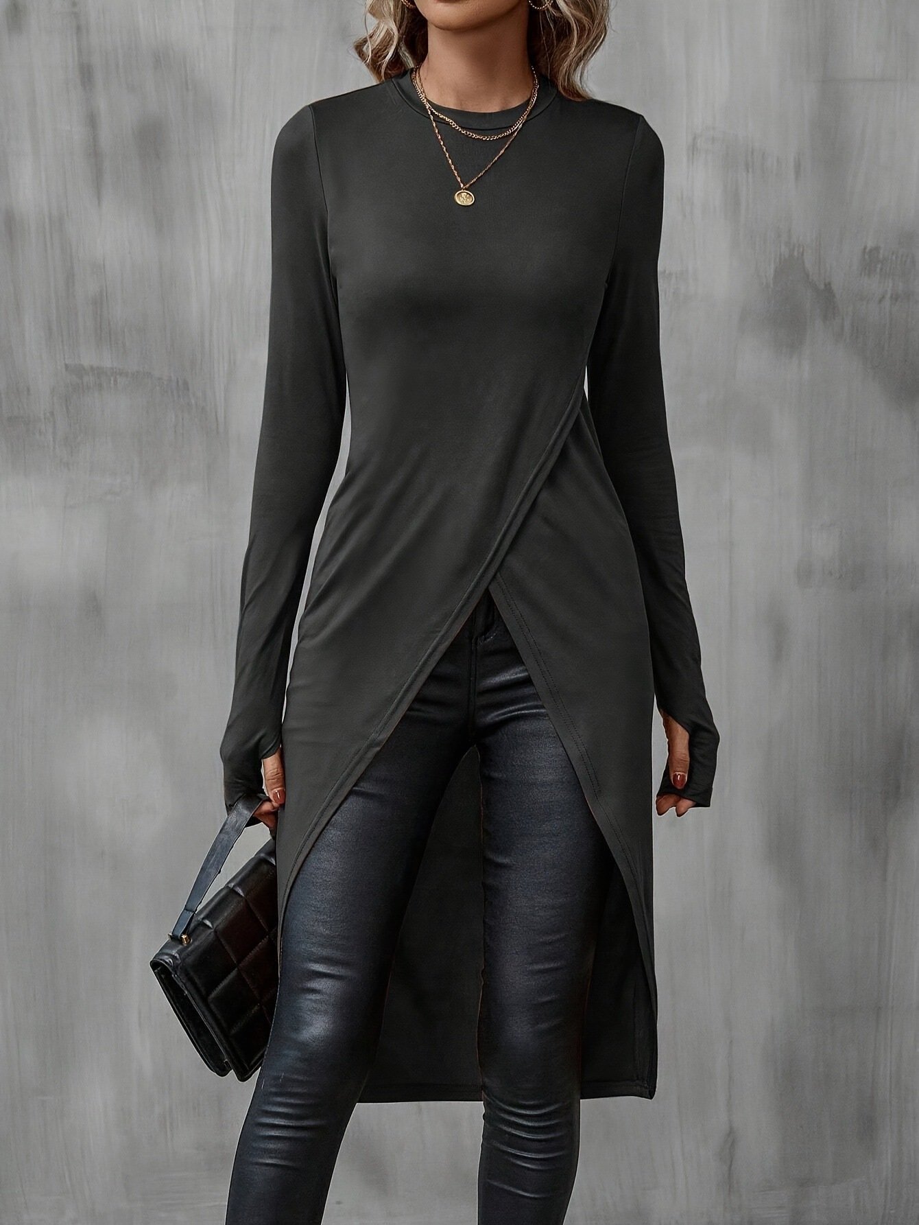 Women Plain Long Sleeve Tee T-shirt Crew Neck Split Joint Vintage Spring/Fall Top
