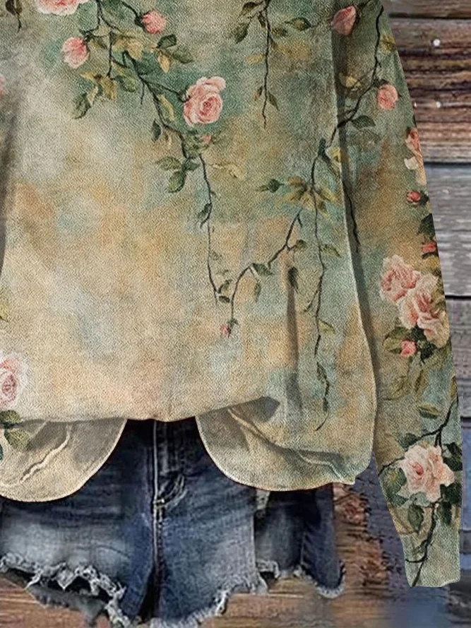 Women Floral Crew Neck Printing Casual Spring/Fall Long Sleeve Sweatshirt