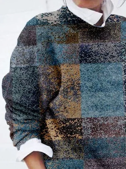 Women Abstract Plaid Printing Spring/Fall Casual Long Sleeve Crew Neck Sweater