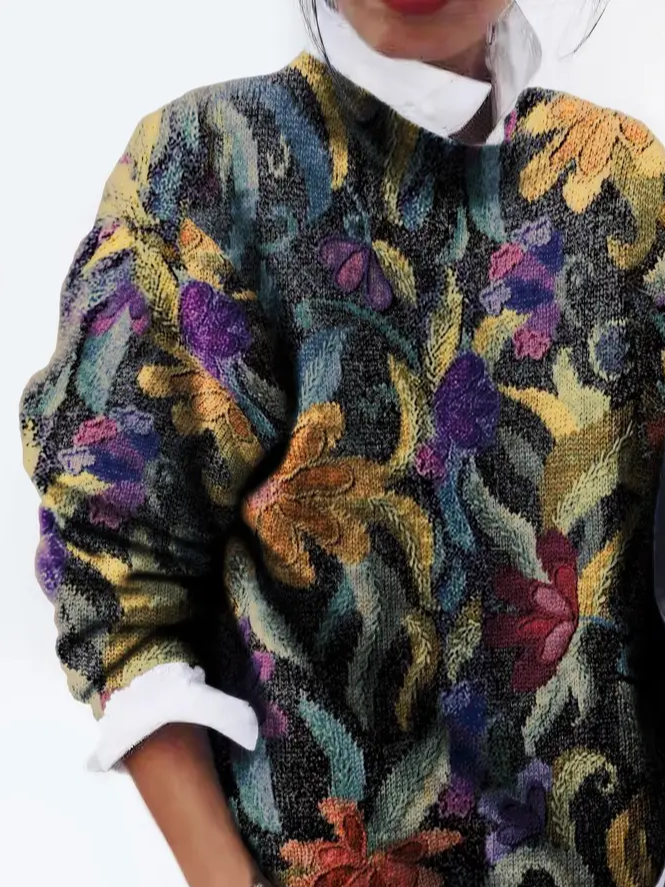 Women Floral Printing Spring/Fall Casual Long Sleeve Crew Neck Sweater