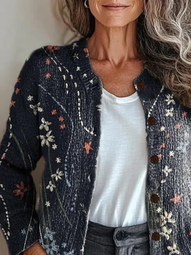 Women Floral Printing Long Sleeve Crew Neck Vintage Spring/Fall Cardigan Outerwear