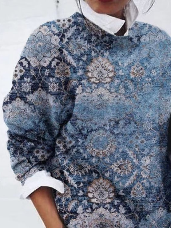Women Floral Printing Spring/Fall Casual Long Sleeve Crew Neck Sweater