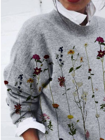 Women Floral Printing Spring/Fall Casual Long Sleeve Crew Neck Sweater