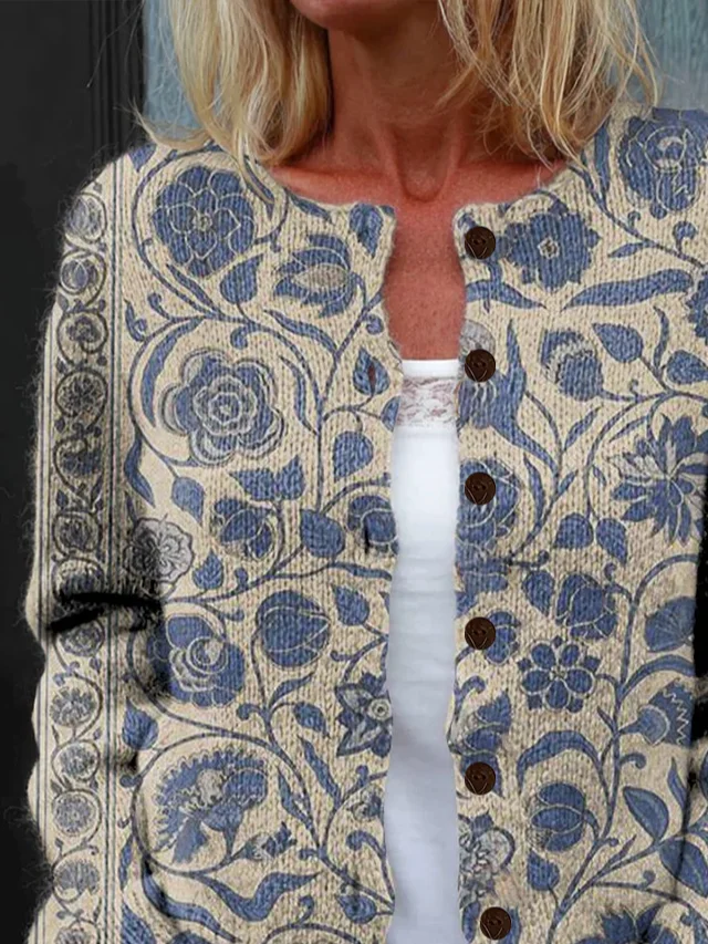 Women Floral Printing Long Sleeve Crew Neck Vintage Spring/Fall Cardigan Outerwear