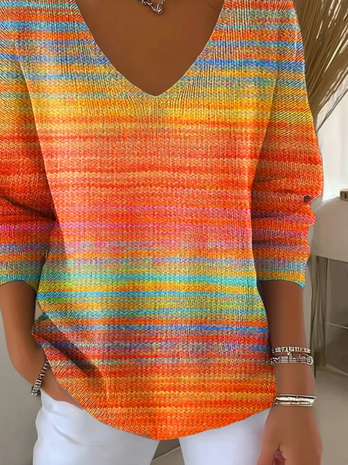 Women Ombre Spring/Fall Casual Long Sleeve V Neck Cotton Sweater