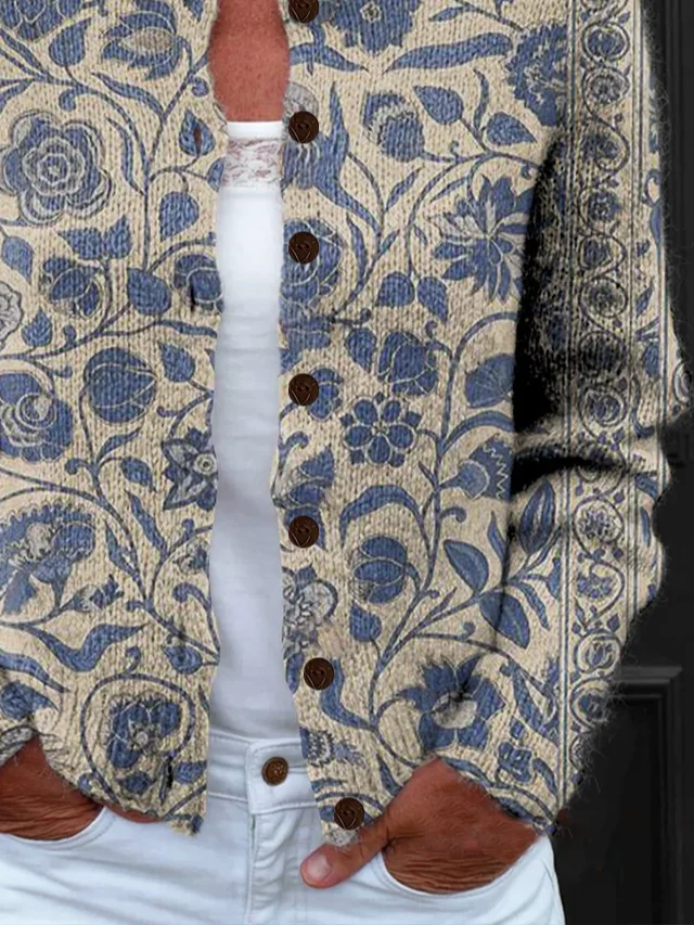 Women Floral Printing Long Sleeve Crew Neck Vintage Spring/Fall Cardigan Outerwear
