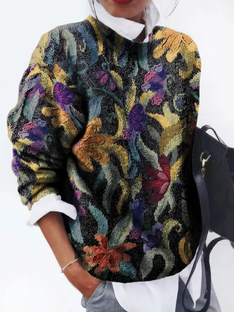 Women Floral Printing Spring/Fall Casual Long Sleeve Crew Neck Sweater