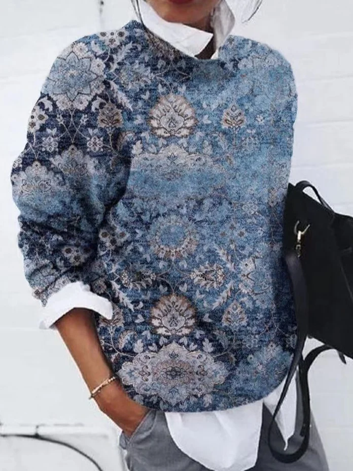 Women Floral Printing Spring/Fall Casual Long Sleeve Crew Neck Sweater