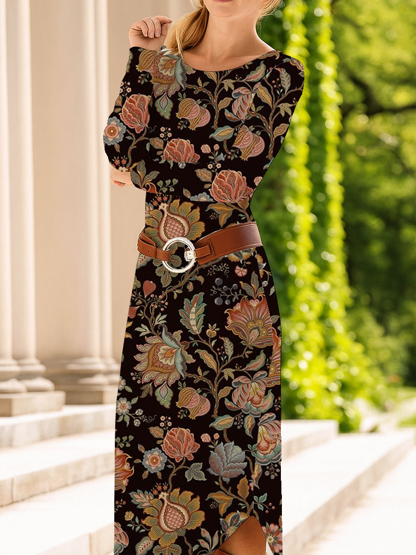 Women Floral Long Sleeve Spring/Fall Dress Crew Neck Daily Casual Midi T-Shirt Dress A-Line Dress