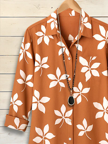 Women Floral Long Sleeve Shirt Spring/Fall Buckle Shirt Collar Regular Sleeve Daily Casual Top