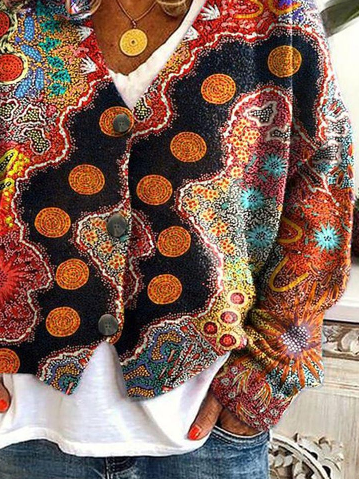 Women Abstract Printing Long Sleeve V Neck Casual Spring/Fall Cardigan Outerwear