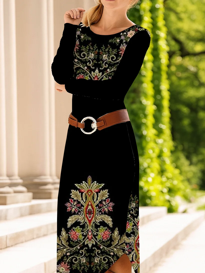 Women Floral Long Sleeve Spring/Fall Dress Crew Neck Daily Casual Midi T-Shirt Dress A-Line Dress