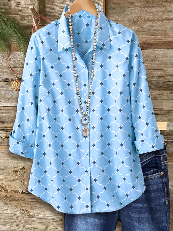 Women Abstract Long Sleeve Shirt Spring/Fall Buckle Shirt Collar Regular Sleeve Daily Casual Top