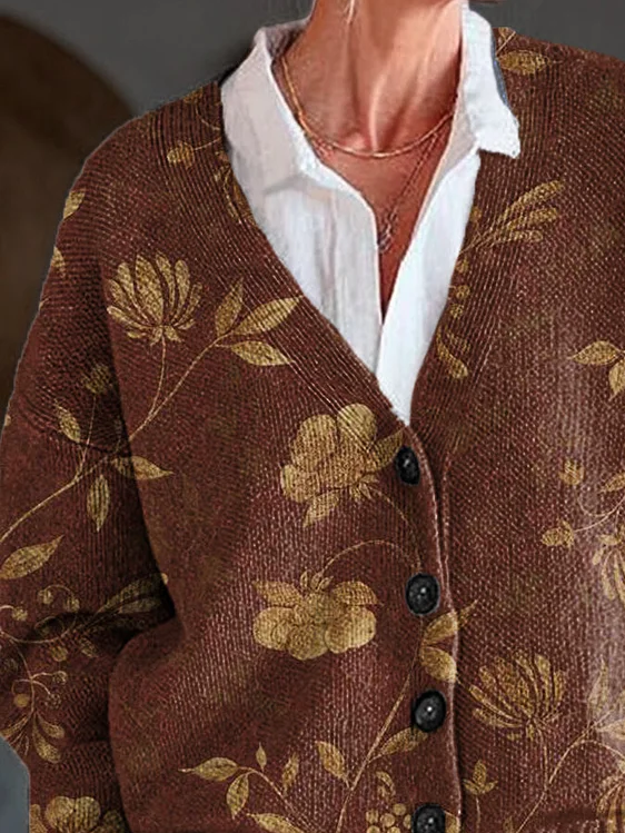 Women Floral Printing Long Sleeve V Neck Casual Spring/Fall Cardigan Outerwear