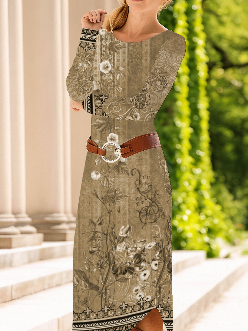 Women Floral Long Sleeve Spring/Fall Dress Crew Neck Daily Casual Midi T-Shirt Dress A-Line Dress