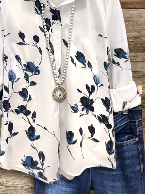 Women Floral Long Sleeve Shirt Spring/Fall Buckle Shirt Collar Regular Sleeve Daily Casual Top