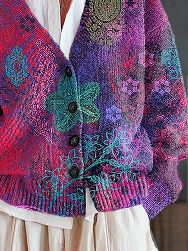 Women Floral Printing Long Sleeve V Neck Casual Spring/Fall Cardigan Outerwear