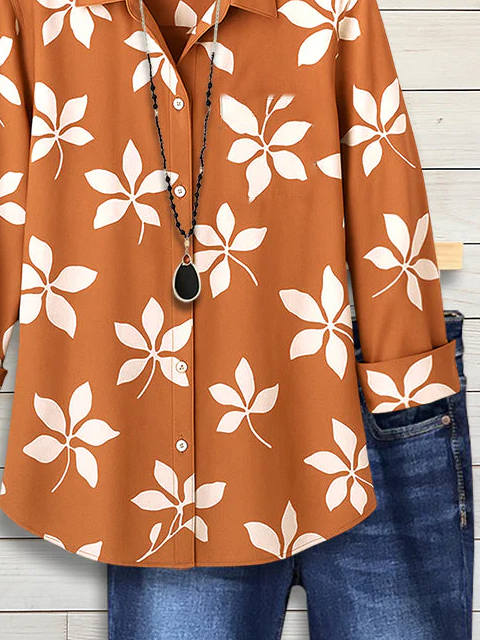 Women Floral Long Sleeve Shirt Spring/Fall Buckle Shirt Collar Regular Sleeve Daily Casual Top