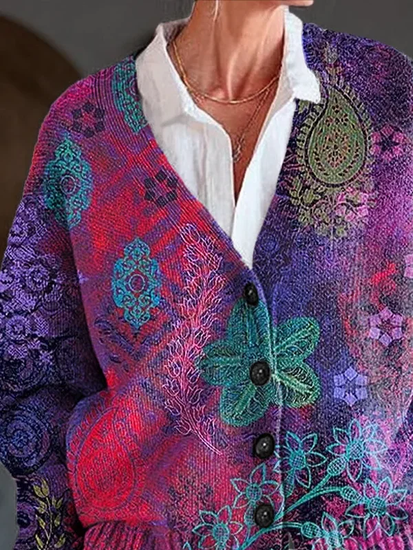 Women Floral Printing Long Sleeve V Neck Casual Spring/Fall Cardigan Outerwear