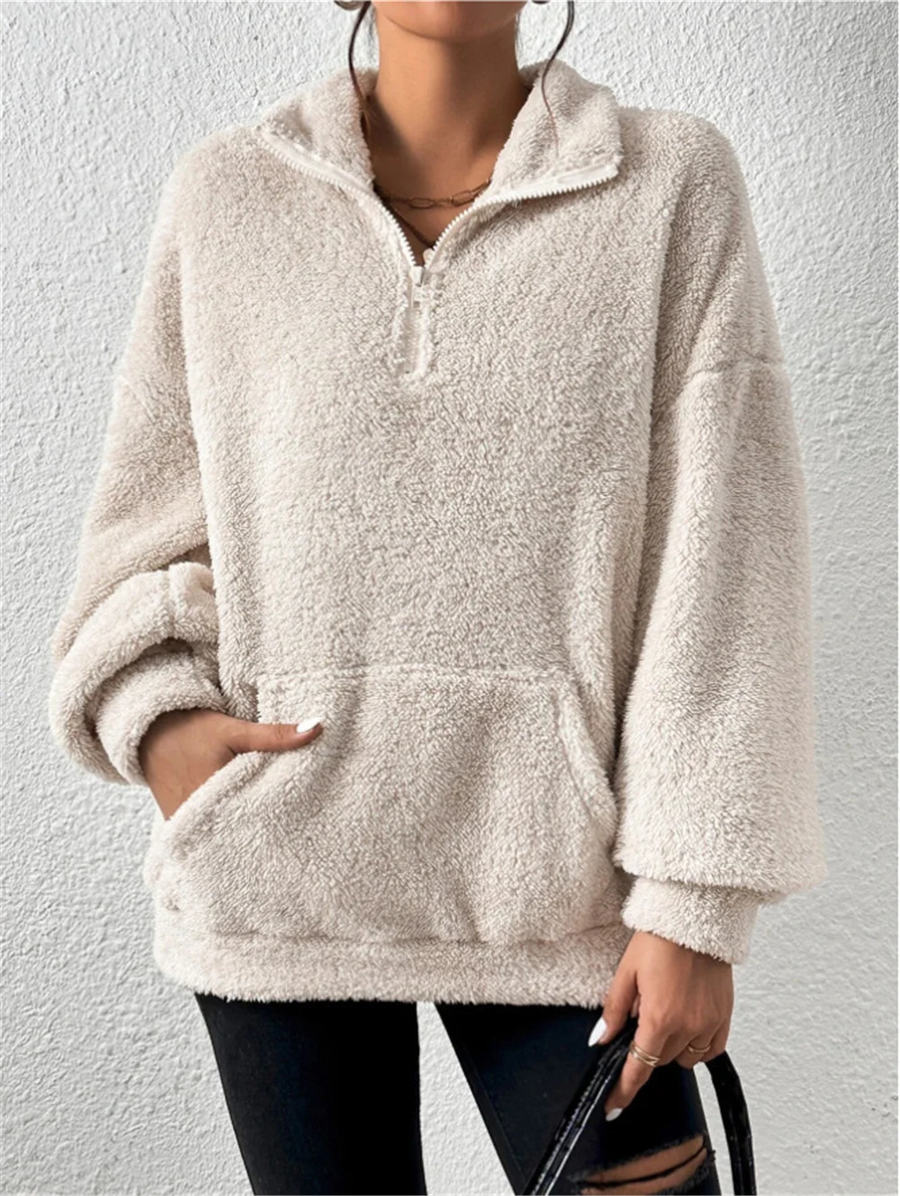 Women Plain Mock Neck Split Joint Vintage Spring/Fall Long Sleeve Sweatshirt
