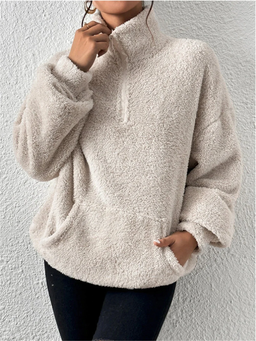Women Plain Mock Neck Split Joint Vintage Spring/Fall Long Sleeve Sweatshirt