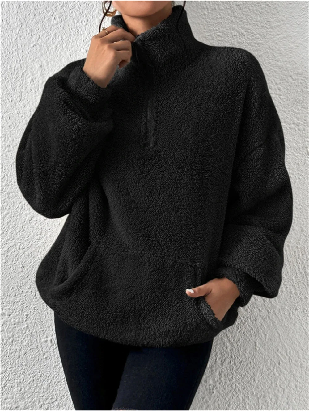 Women Plain Mock Neck Split Joint Vintage Spring/Fall Long Sleeve Sweatshirt