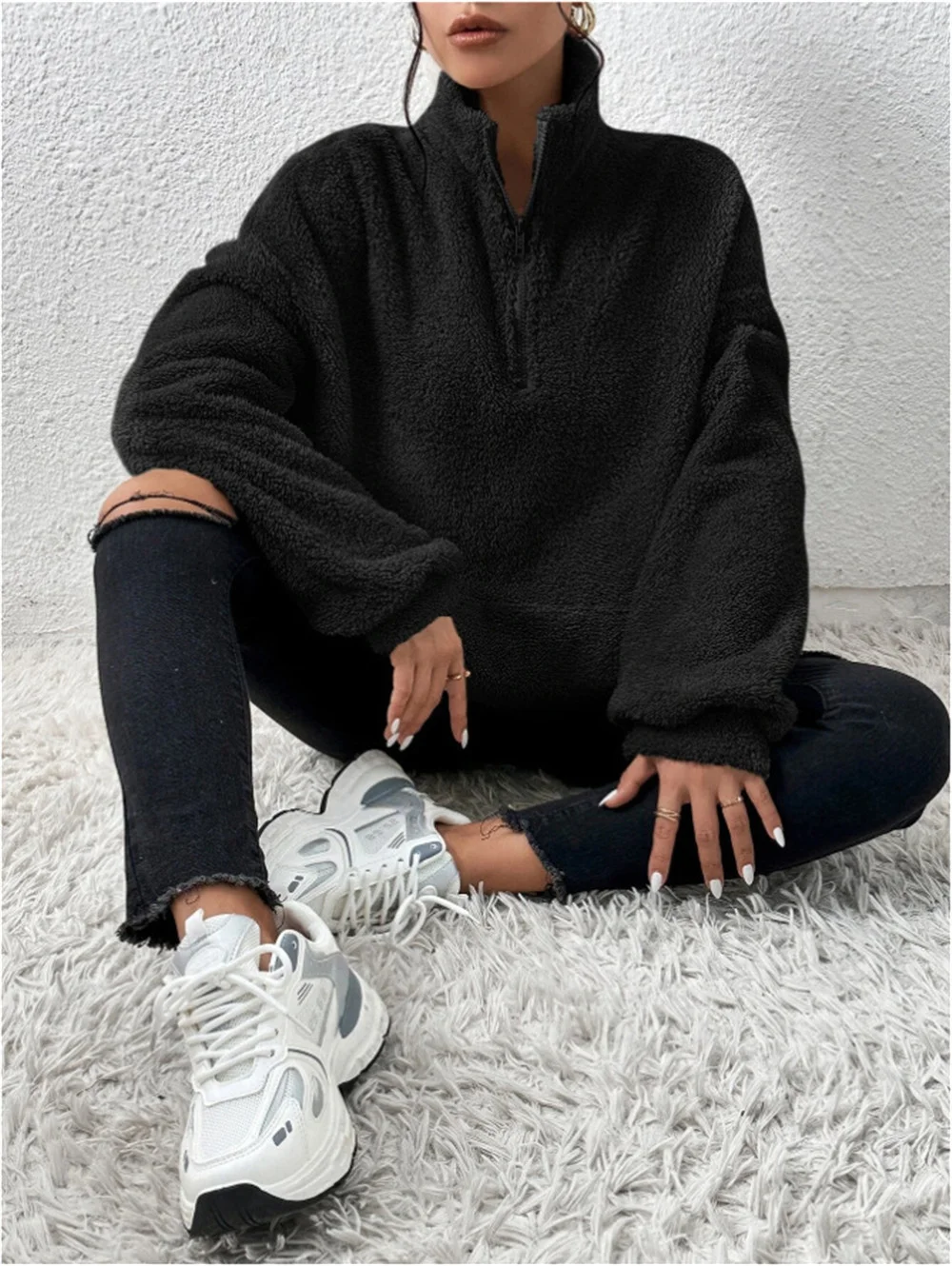 Women Plain Mock Neck Split Joint Vintage Spring/Fall Long Sleeve Sweatshirt