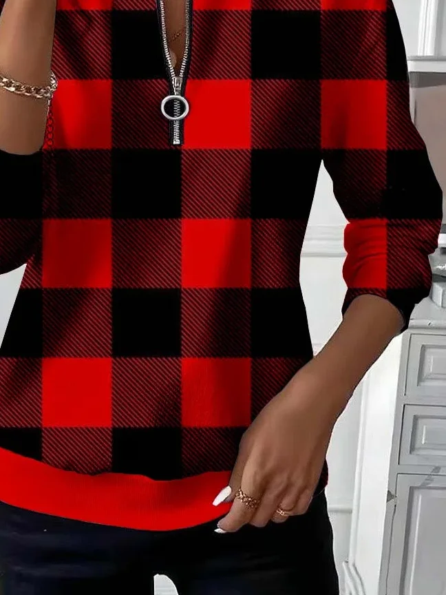 Women Plaid Crew Neck Printing Casual Spring/Fall Long Sleeve Sweatshirt