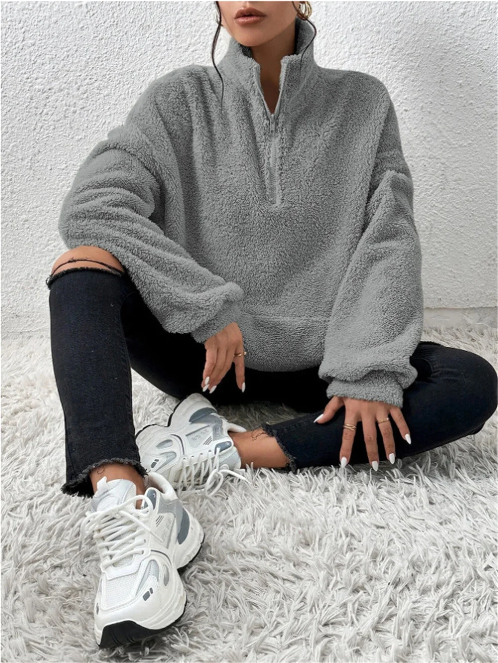 Women Plain Mock Neck Split Joint Vintage Spring/Fall Long Sleeve Sweatshirt