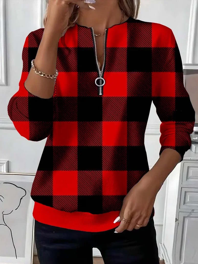 Women Plaid Crew Neck Printing Casual Spring/Fall Long Sleeve Sweatshirt
