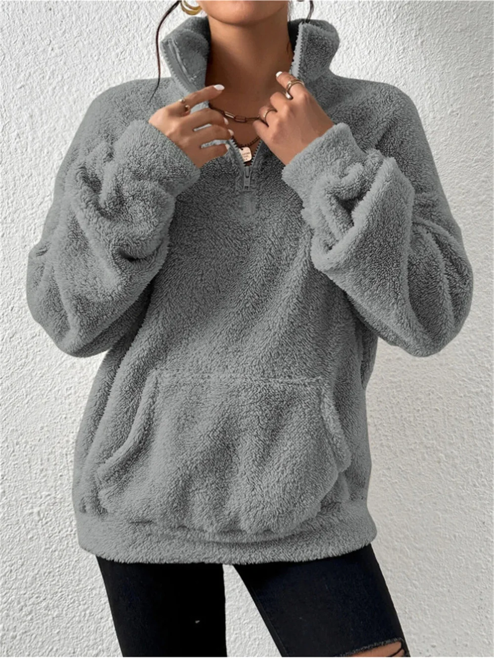 Women Plain Mock Neck Split Joint Vintage Spring/Fall Long Sleeve Sweatshirt