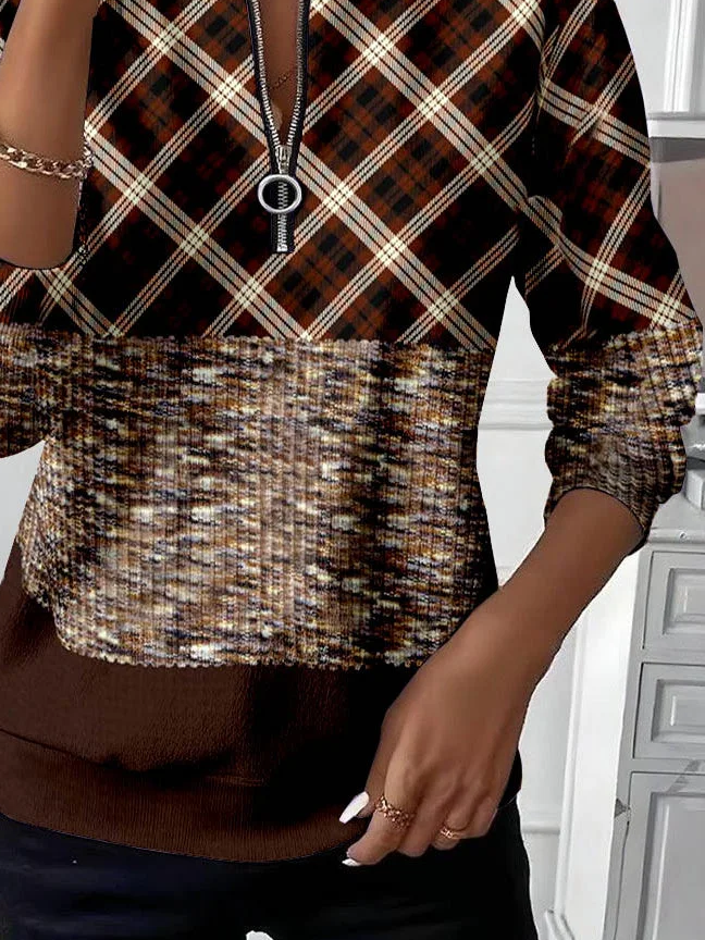 Women Plaid Crew Neck Printing Casual Spring/Fall Long Sleeve Sweatshirt