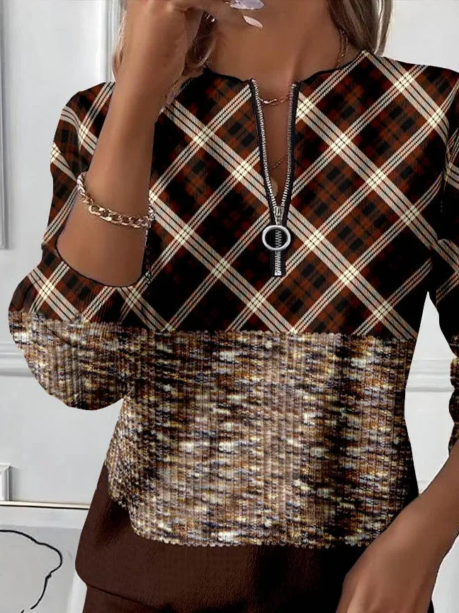 Women Plaid Crew Neck Printing Casual Spring/Fall Long Sleeve Sweatshirt