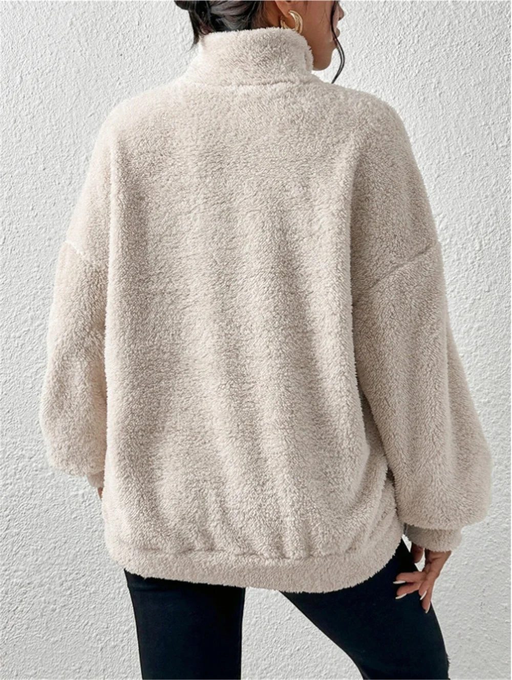 Women Plain Mock Neck Split Joint Vintage Spring/Fall Long Sleeve Sweatshirt